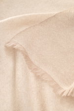 Altea Cashmere scarf beige shown from a top close-up view, featuring pure cashmere, very soft feel, fine lightweight quality, narrow fringed edge, dimensions approx. 192 cm x 65 cm.