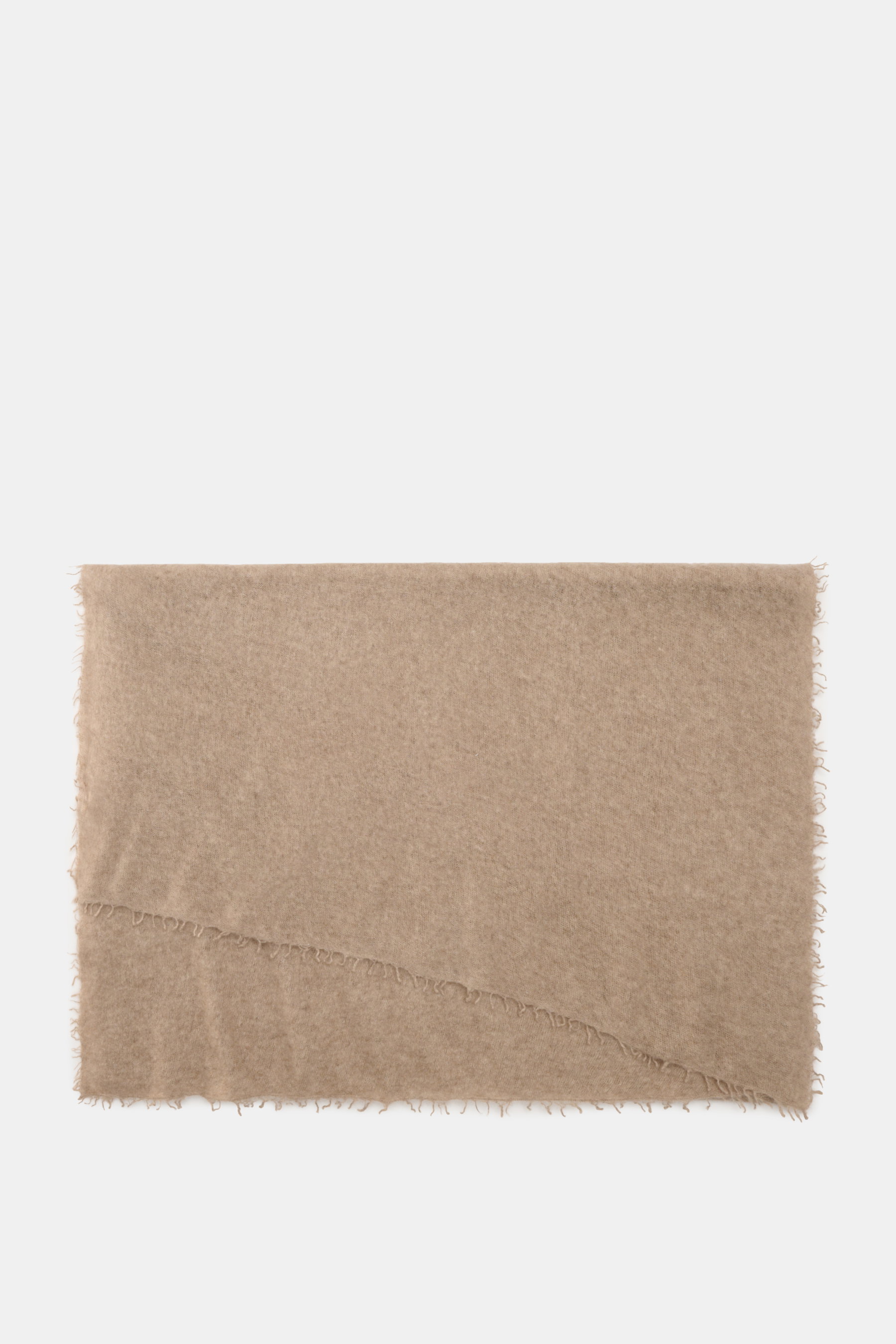 Altea Cashmere scarf beige melange shown from above, knit from pure cashmere, very soft touch, fine lightweight quality, all-around fringed edge, approx. 180 cm x 70 cm.