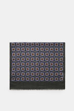 Altea Scarf grey green/smoky blue/brown patterned shown from above, featuring a graphic print with rolled edges, narrow fringed hem, smooth texture, lightweight quality, mix of wool and modal, dimensions approx. 182 cm x 53 cm.