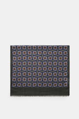 Altea Scarf grey green/smoky blue/brown patterned shown from above, featuring a graphic print with rolled edges, narrow fringed hem, smooth texture, lightweight quality, mix of wool and modal, dimensions approx. 182 cm x 53 cm.