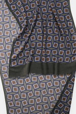 Altea Scarf grey green/smoky blue/brown patterned shown from above, lightweight mix of wool and modal with smooth texture, graphic print, rolled edges, narrow fringed hem, approx. 182 cm x 53 cm.