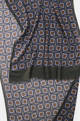 Altea Scarf grey green/smoky blue/brown patterned shown from above, lightweight mix of wool and modal with smooth texture, graphic print, rolled edges, narrow fringed hem, approx. 182 cm x 53 cm.
