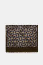 Altea Scarf dark brown/brown/grey blue patterned shown from above, featuring a graphic print, mix of wool and modal, smooth texture, lightweight quality, rolled edges, narrow fringed hem, dimensions approx. 182 cm x 53 cm.