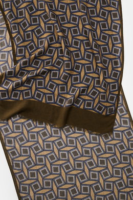 Close-up top-down view of the Altea Scarf dark brown/brown/grey blue patterned, featuring a graphic print with rolled edges and narrow fringed hem, made from a mix of wool and modal, smooth texture, lightweight quality, dimensions approx. 182 cm x 53 cm.