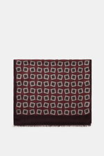 Altea Scarf dark violet/burgundy/dark grey patterned shown from above, lightweight mix of wool and modal with smooth texture, rolled edges, graphic print, narrow fringed hem, dimensions approx. 182 cm x 53 cm.