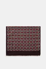 Altea Scarf dark violet/burgundy/dark grey patterned shown from above, lightweight mix of wool and modal with smooth texture, rolled edges, graphic print, narrow fringed hem, dimensions approx. 182 cm x 53 cm.