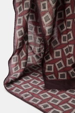 Altea Scarf dark violet/burgundy/dark grey patterned shown from a close-up side angle, featuring a mix of wool and modal, smooth texture, lightweight quality, rolled edges, graphic print, narrow fringed hem, dimensions approx. 182 cm x 53 cm.