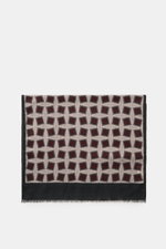 Altea Scarf anthracite/taupe/burgundy patterned shown from above, featuring a graphic print, mix of wool and modal, smooth texture, lightweight quality, rolled edges, narrow fringed hem, dimensions approx. 182 cm x 53 cm.