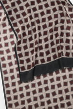 Altea Scarf anthracite/taupe/burgundy patterned shown from a top-down close-up perspective, featuring a graphic print, mix of wool and modal, smooth texture, lightweight quality, rolled edges, narrow fringed hem, dimensions approx. 182 cm x 53 cm.