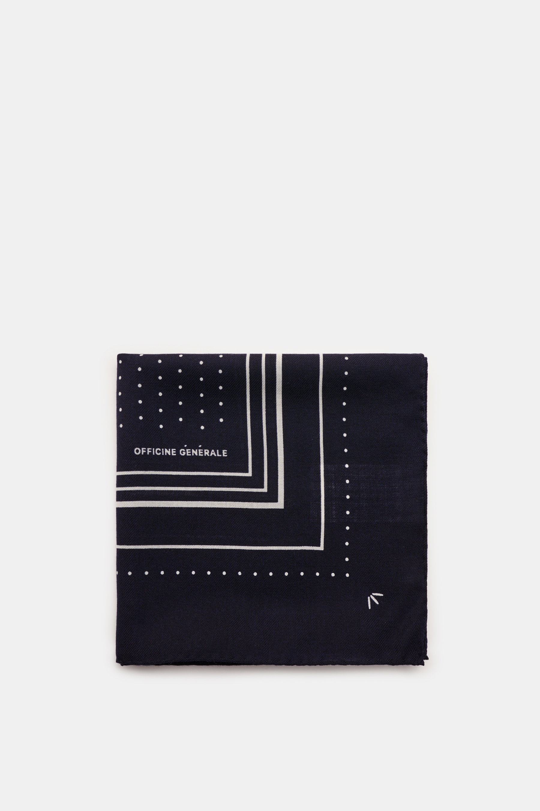 Officine Générale Tuch navy/offwhite gemustert, gefaltet, von oben fotografiert, reine Wolle, weicher Griff, Streifen- und Punktemuster, ca. 85x85 cm