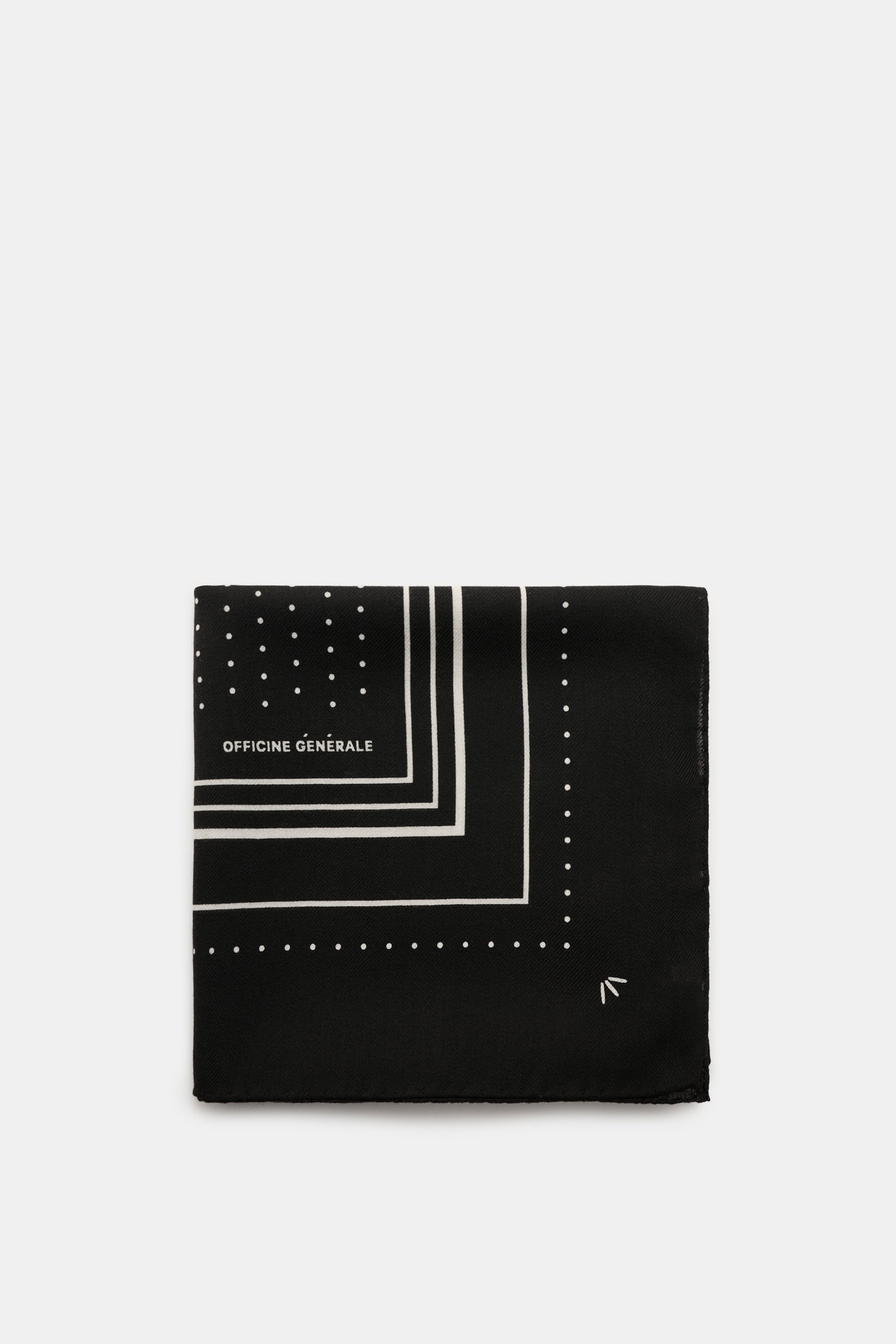 Officine Générale Tuch schwarz/offwhite gemustert, flach liegend von oben fotografiert, reine Wolle, weicher Griff, Streifen- und Punktemuster, ca. 85x85 cm.