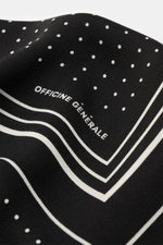 Officine Générale Tuch schwarz/offwhite gemustert, seitlich fotografiert, reine Wolle, weicher Griff, Streifen- und Punktemuster, ca. 85x85 cm.