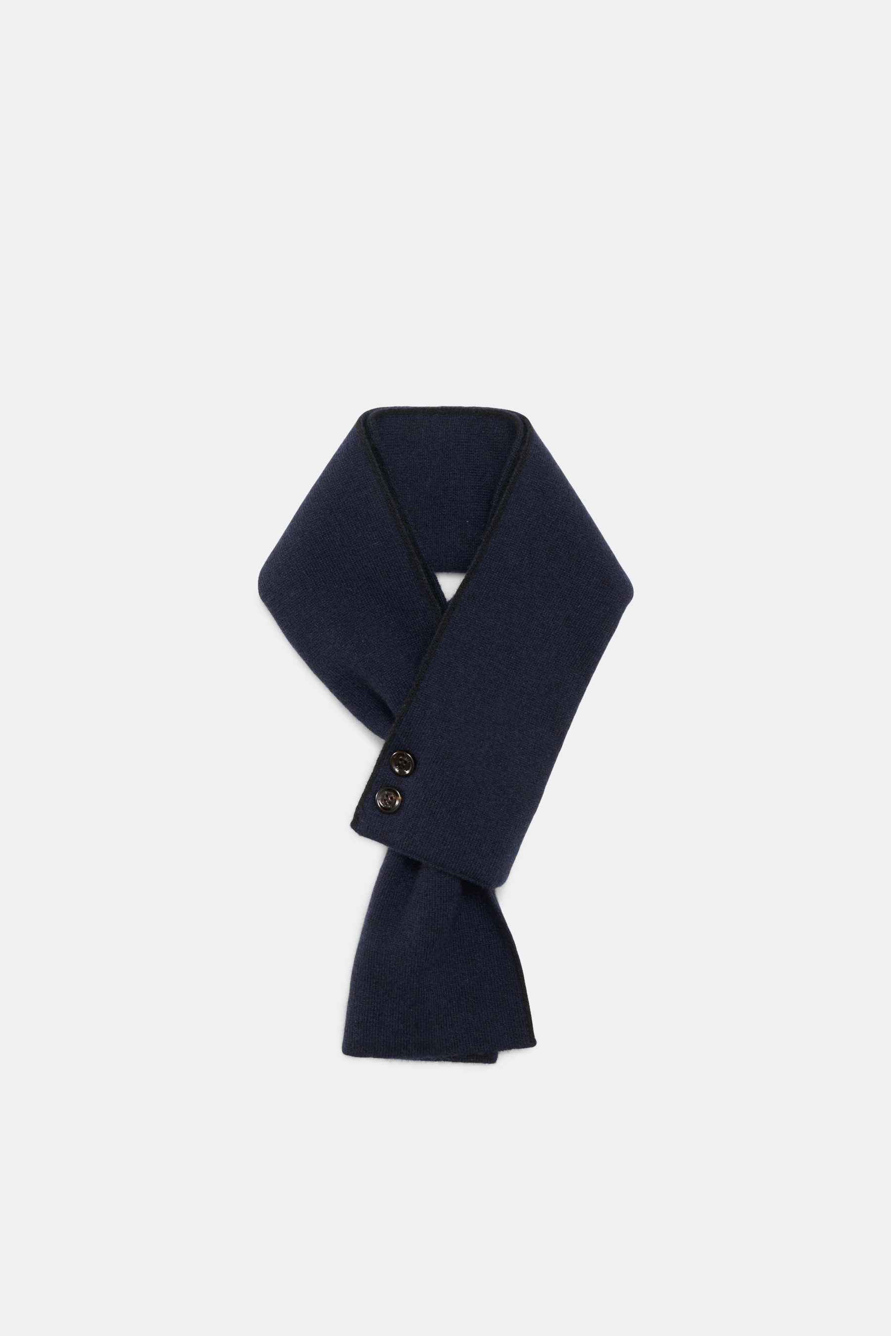 Moorer Cashmere Schal navy/schwarz, doppellagig, feines Strickbild, zwei Hornknöpfe, schmal, ca. 76x19 cm, frontal fotografiert.