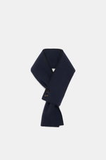 Moorer Cashmere Schal navy/schwarz, doppellagig, feines Strickbild, zwei Hornknöpfe, schmal, ca. 76x19 cm, frontal fotografiert.