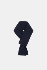 Moorer Cashmere Schal navy/schwarz, doppellagig, feines Strickbild, zwei Hornknöpfe, schmal, ca. 76x19 cm, frontal fotografiert.