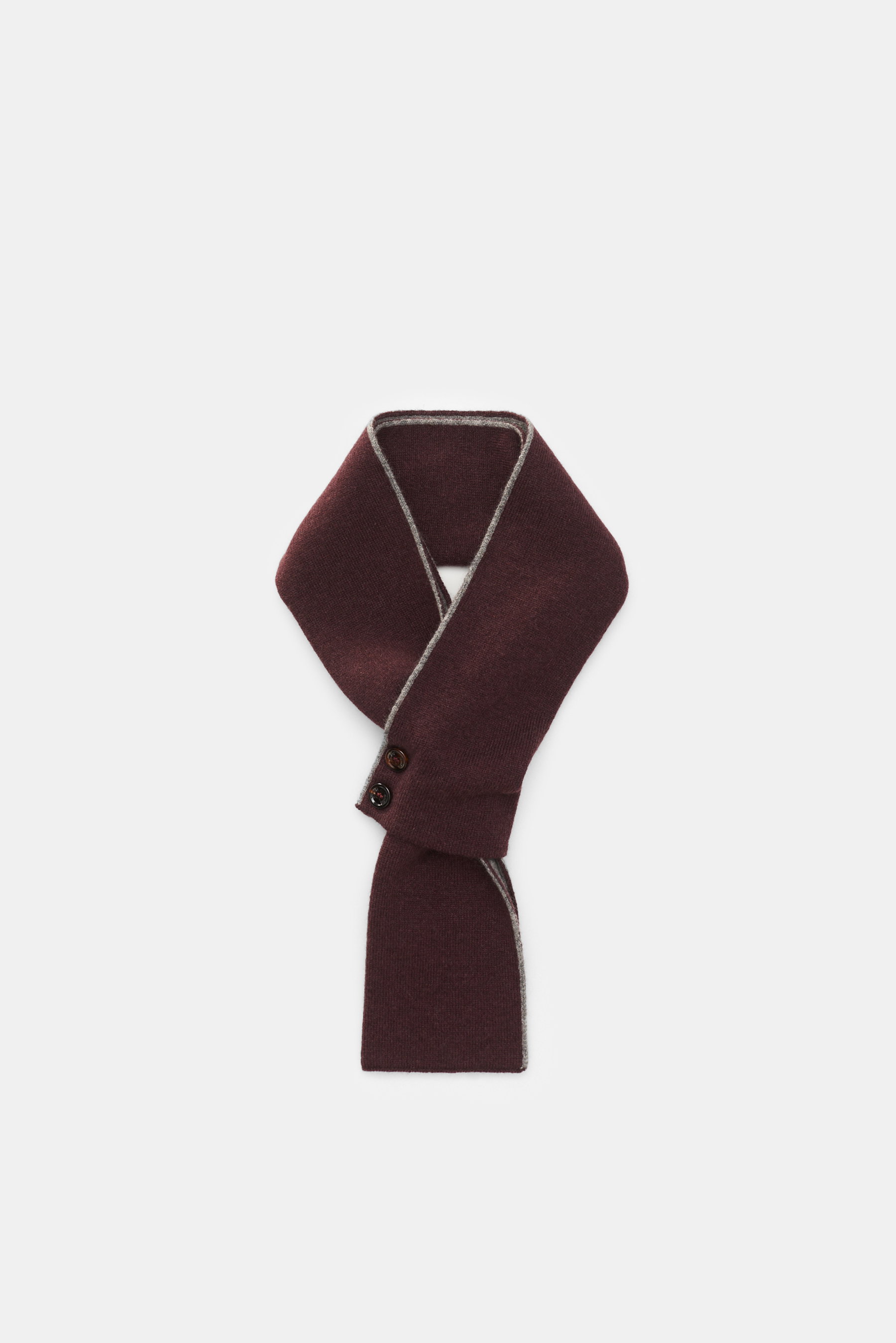Moorer Cashmere Schal bordeaux/grau, schmal, doppellagig, aus reinem Cashmere, mit feinem Strickbild und zwei Hornknöpfen, Draufsicht.