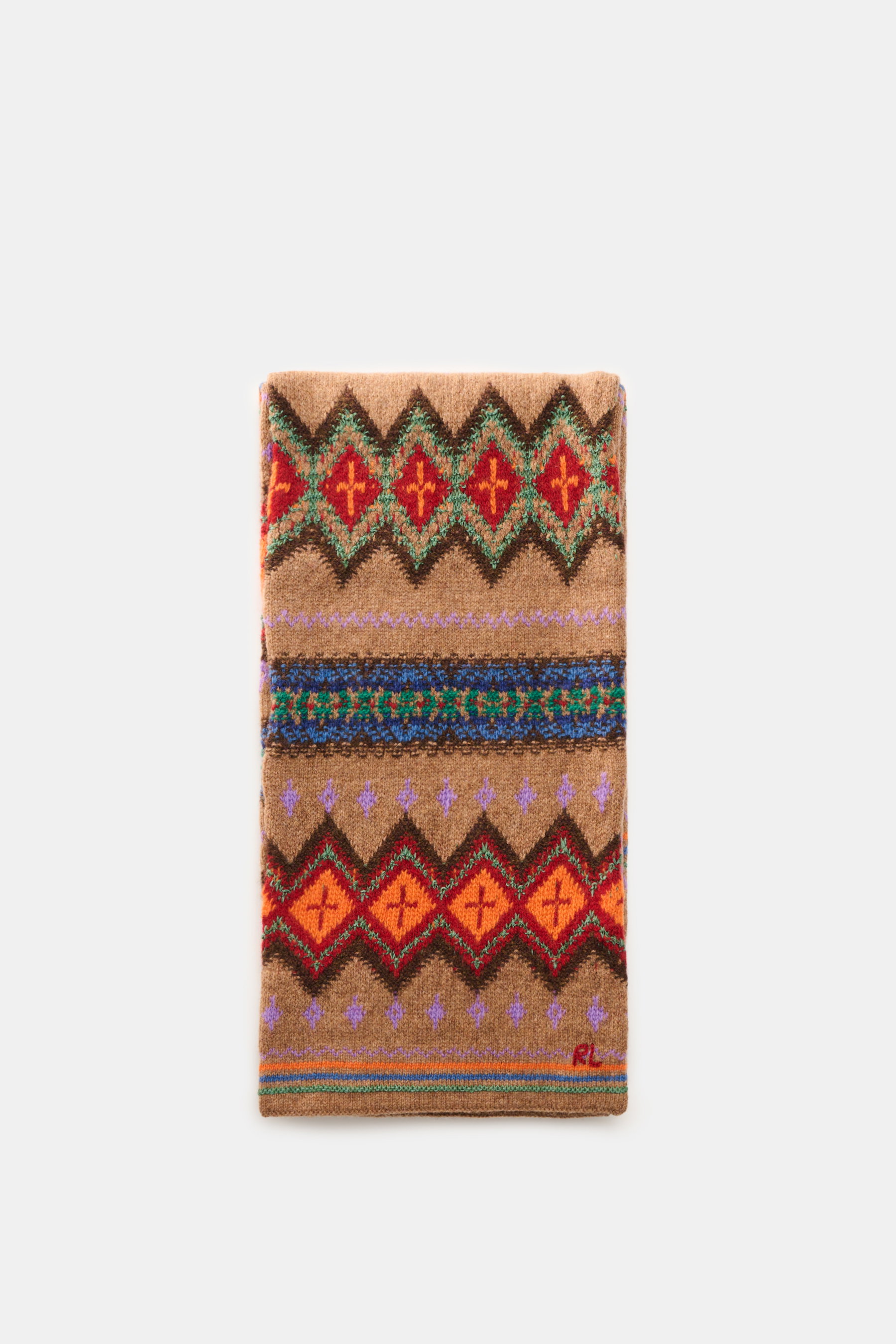 Gefalteter Polo Ralph Lauren Schal hellbraun/rot/orange gemustert mit Fair-Isle Strickmuster, RL-Stickung, aus Wolle, Baumwolle, Leinen, frontal fotografiert.