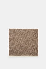 Top-down view of 04651/ A trip in a bag Scarf 'Fancy Twill' grey brown/cream, showing coarse twill structure, narrow fringed edge, made of a mix of virgin wool, baby alpaca, and high-quality microfiber, soft feel, dimensions approx. 180 cm x 48 cm.