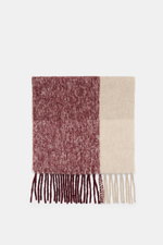 Top-down view of 04651/ A trip in a bag Scarf 'Color Block Scarf' bordeaux melange/beige/cream with fringed hem, soft alpaca-wool blend.

Description: <p>Essential winter must-have: The noble scarf from 04651/ A TRIP IN A BAG becomes a favorite piece for 