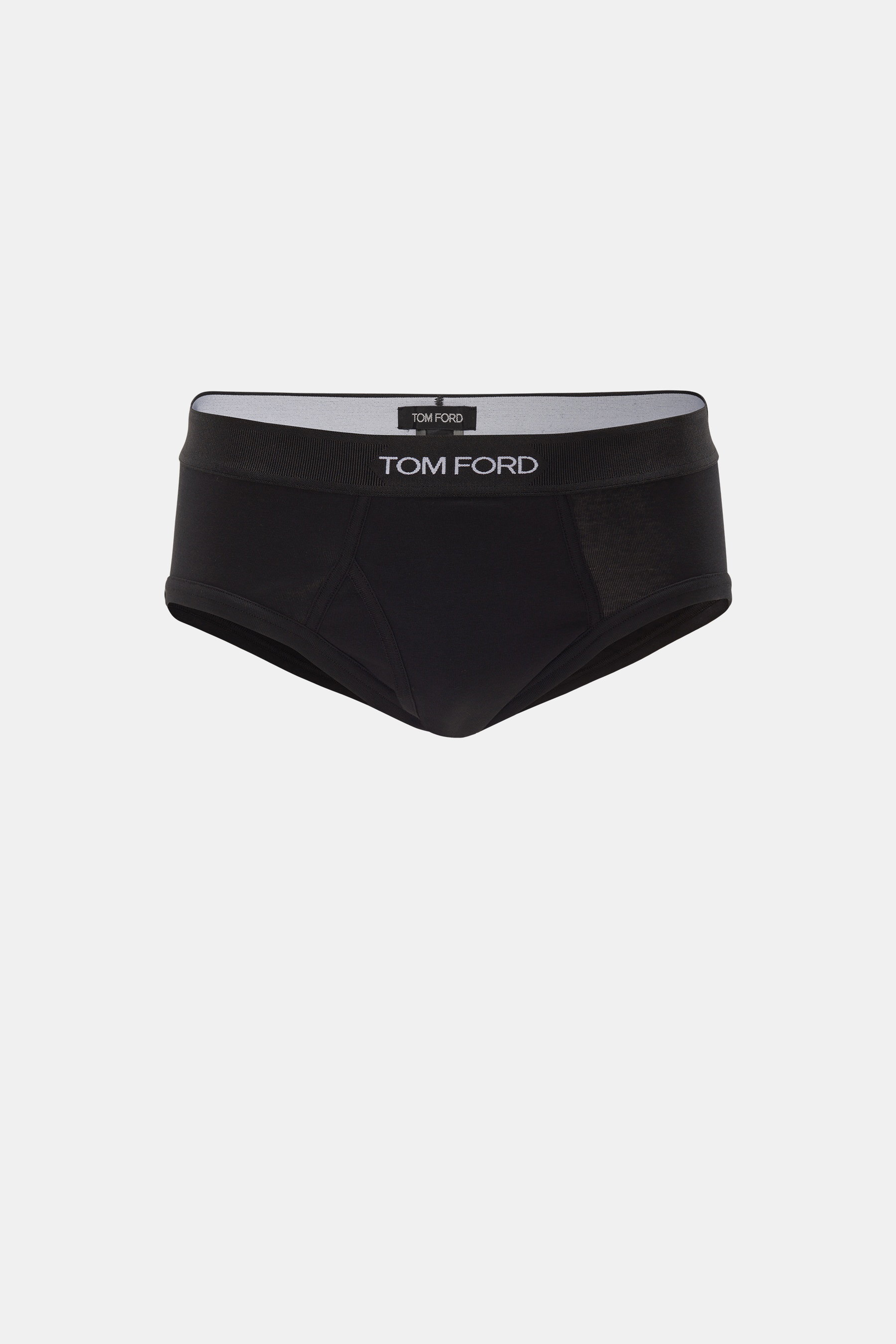 Tom Ford Sport Slip schwarz, frontale Nahaufnahme, elastische Baumwolle, weicher Griff, körpernah, elastischer Bund mit TOM FORD-Stitching, seitlicher Eingriff.