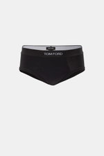 Tom Ford Sport Slip schwarz, frontale Nahaufnahme, elastische Baumwolle, weicher Griff, körpernah, elastischer Bund mit TOM FORD-Stitching, seitlicher Eingriff.