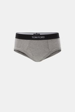 Tom Ford Sport Slip grau meliert, frontale Ansicht, elastische Baumwolle, weicher Griff, körpernah, seitlicher Eingriff, breiter Bund mit TOM FORD-Stitching.