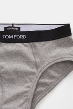 Tom Ford Sport Slip grau meliert, Nahaufnahme von vorne oben, elastische Baumwolle, weicher Griff, körpernah, elastischer Bund mit TOM FORD-Stitching, seitlicher Eingriff.