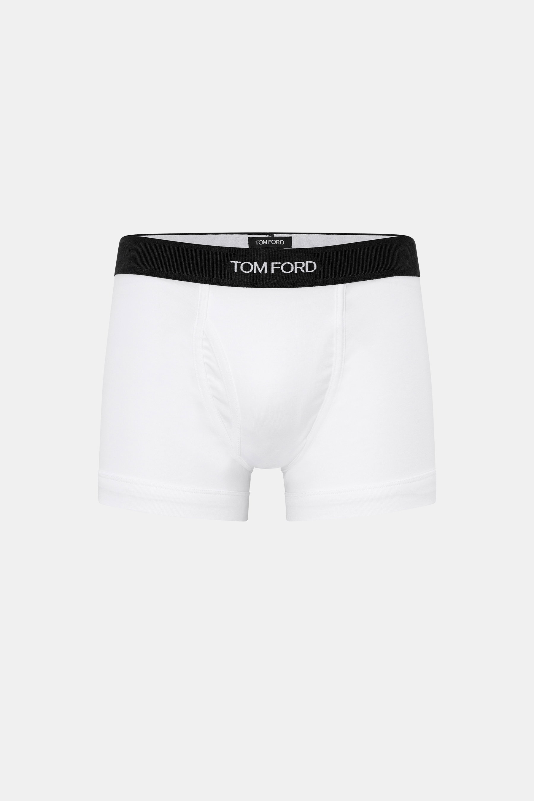 Tom Ford Boxershorts weiß, sportlich, slim fit, elastische Baumwolle, weicher Griff, elastischer Bund mit TOM FORD-Stitching, seitlicher Eingriff, Frontansicht.