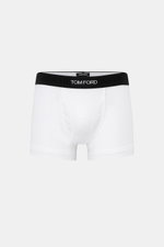 Tom Ford Boxershorts weiß, sportlich, slim fit, elastische Baumwolle, weicher Griff, elastischer Bund mit TOM FORD-Stitching, seitlicher Eingriff, Frontansicht.