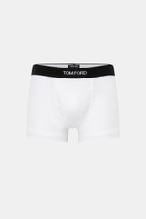 Tom Ford Boxershorts weiß, sportlich, slim fit, elastische Baumwolle, weicher Griff, elastischer Bund mit TOM FORD-Stitching, seitlicher Eingriff, Frontansicht.