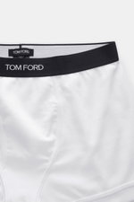 Tom Ford Boxershorts weiß, sportlich und slim fit, aus elastischer Baumwolle mit weichem Griff, seitlichem Eingriff, elastischem Bund mit TOM FORD-Stitching, Nahaufnahme von oben.