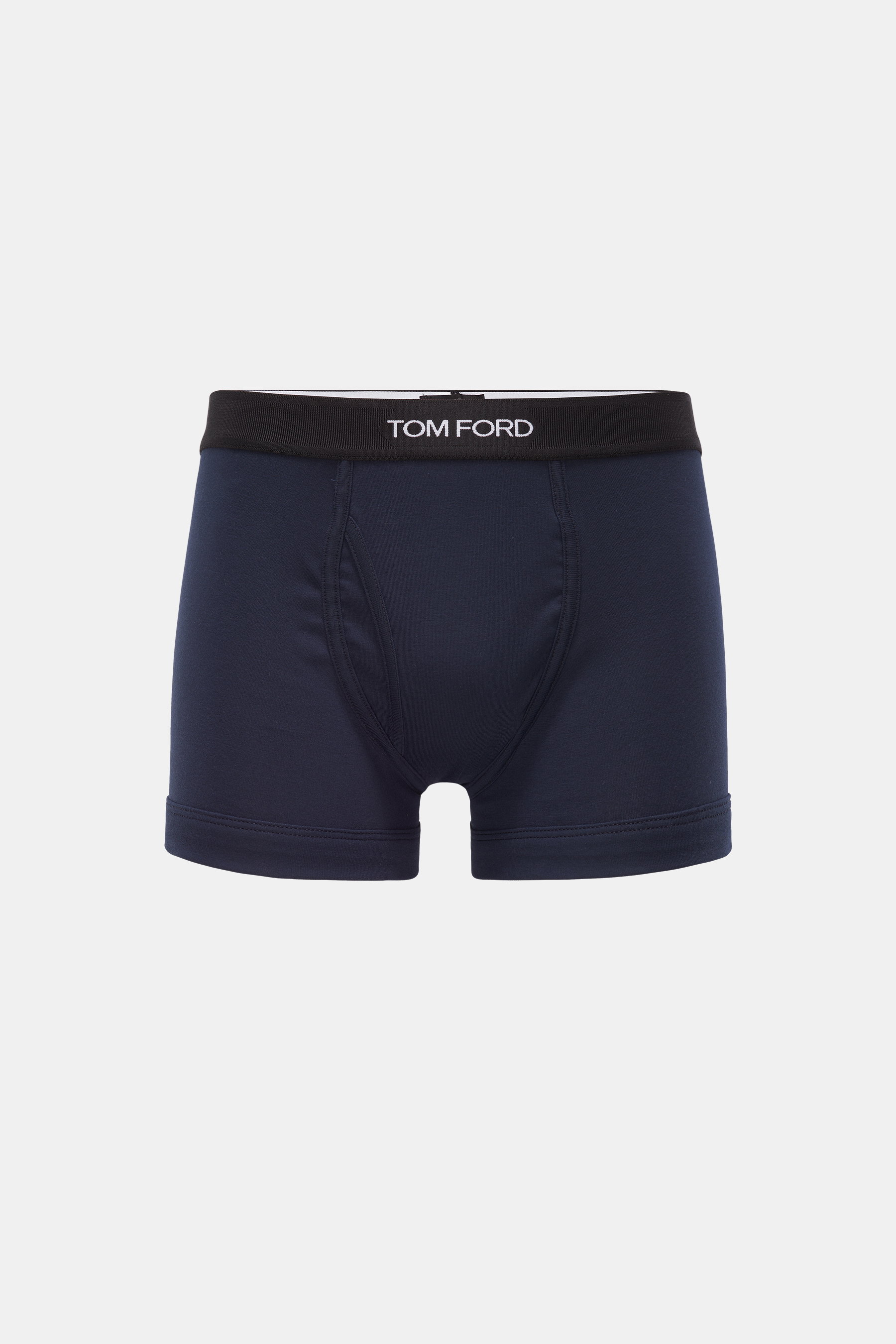 Tom Ford Boxershorts navy in Frontansicht, sportlich, slim fit aus elastischer Baumwolle mit weichem Griff, seitlichem Eingriff, elastischem Bund mit TOM FORD-Stitching.
