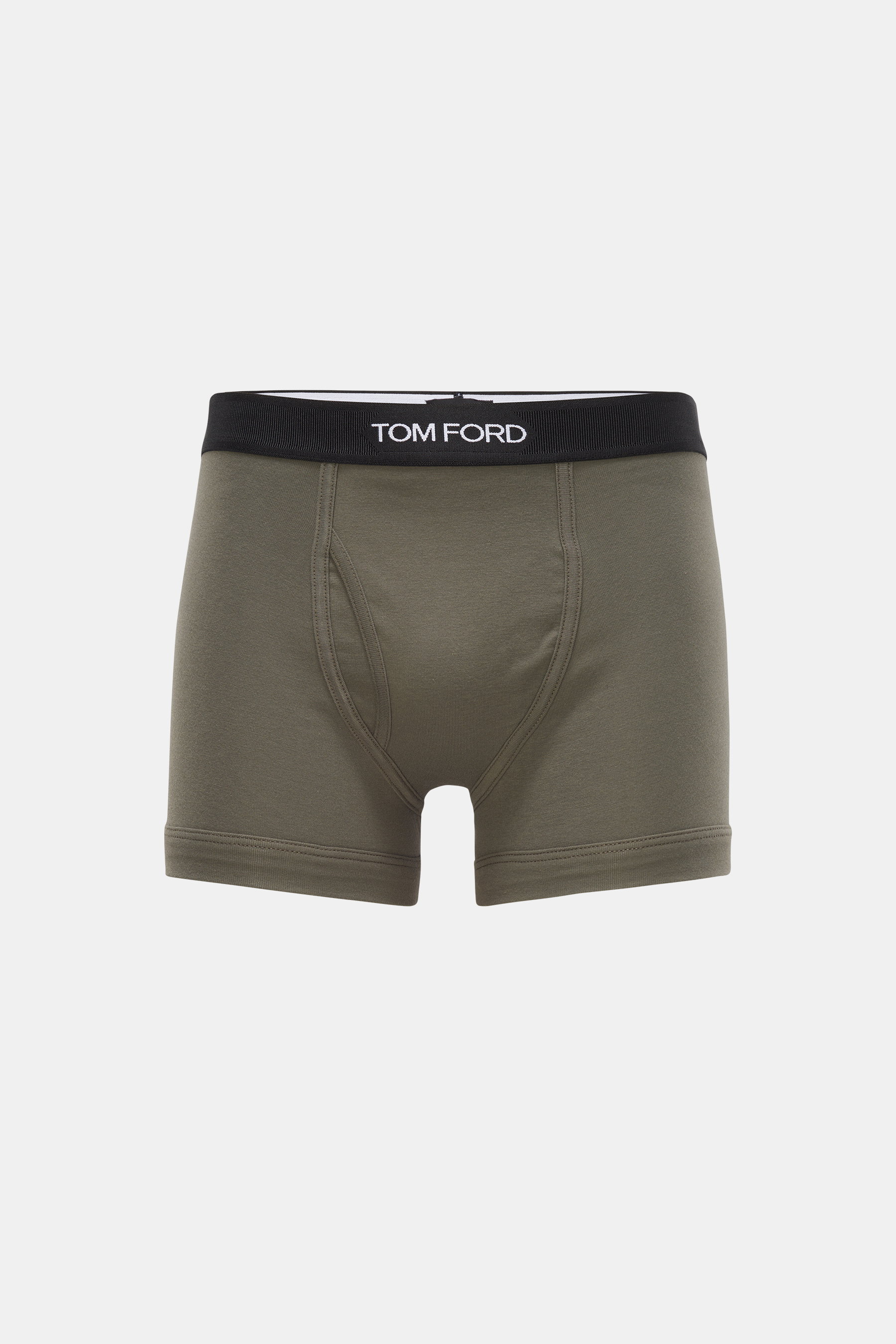 Tom Ford Boxershorts graugrün, sportlich, slim fit aus elastischer Baumwolle, weicher Griff, mit seitlichem Eingriff, elastischer Bund mit TOM FORD-Stitching, Frontansicht.