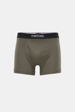 Tom Ford Boxershorts graugrün, sportlich, slim fit aus elastischer Baumwolle, weicher Griff, mit seitlichem Eingriff, elastischer Bund mit TOM FORD-Stitching, Frontansicht.