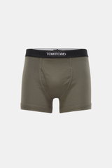 Tom Ford Boxershorts graugrün, sportlich, slim fit aus elastischer Baumwolle, weicher Griff, mit seitlichem Eingriff, elastischer Bund mit TOM FORD-Stitching, Frontansicht.