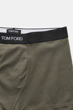 Tom Ford Boxershorts graugrün im Slim Fit, sportlich, aus elastischer Baumwolle mit weichem Griff, seitlichem Eingriff, schwarzem Bund mit TOM FORD-Stitching, nah fotografiert.