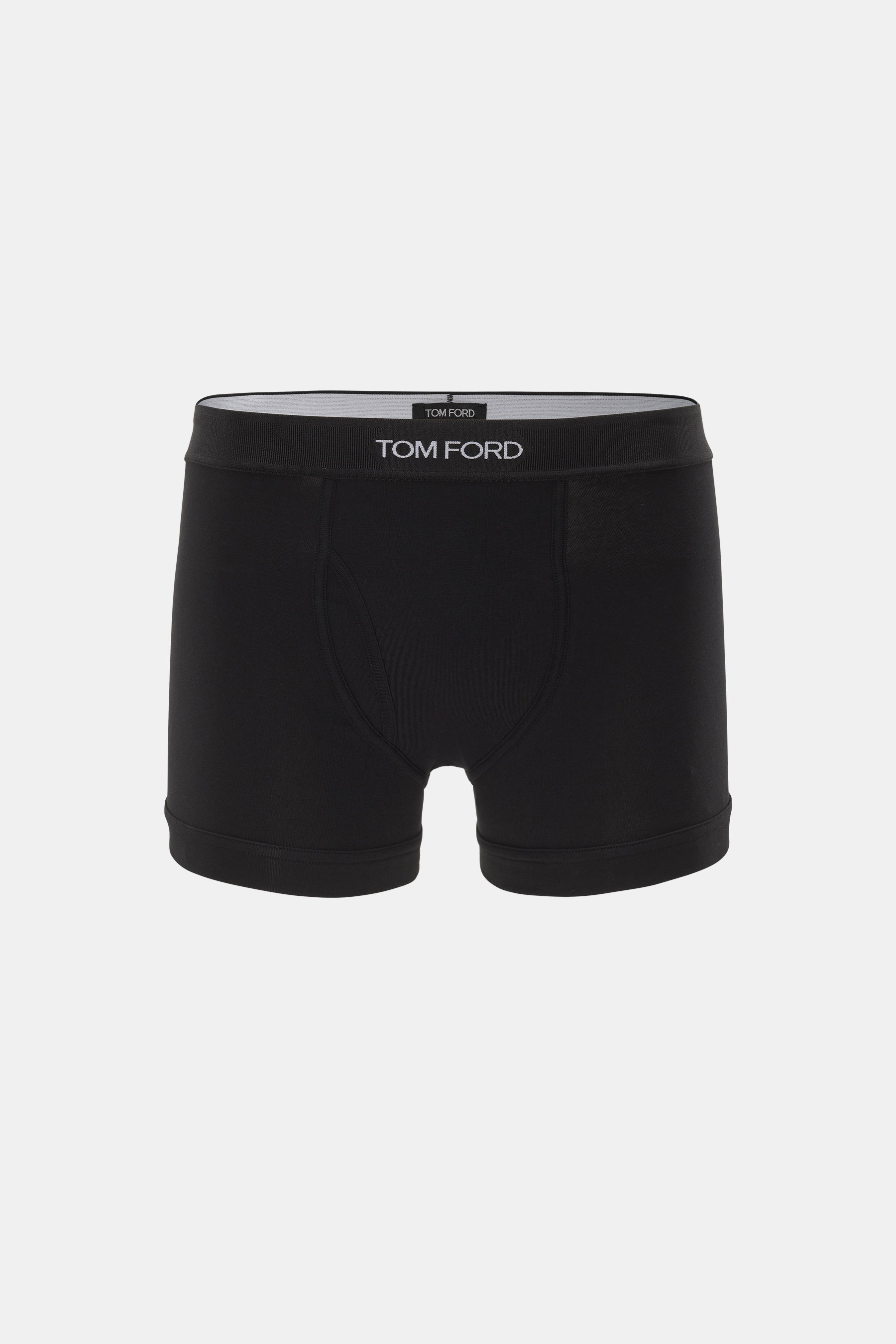 Tom Ford Boxershorts schwarz, sportlich und luxuriös, frontale Ansicht, elastische Baumwolle, weicher Griff, Slim Fit, elastischer Bund mit TOM FORD-Stitching, seitlicher Eingriff.