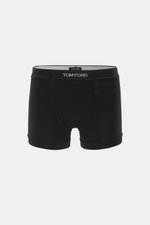 Tom Ford Boxershorts schwarz, sportlich und luxuriös, frontale Ansicht, elastische Baumwolle, weicher Griff, Slim Fit, elastischer Bund mit TOM FORD-Stitching, seitlicher Eingriff.