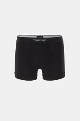 Tom Ford Boxershorts schwarz, sportlich und luxuriös, frontale Ansicht, elastische Baumwolle, weicher Griff, Slim Fit, elastischer Bund mit TOM FORD-Stitching, seitlicher Eingriff.