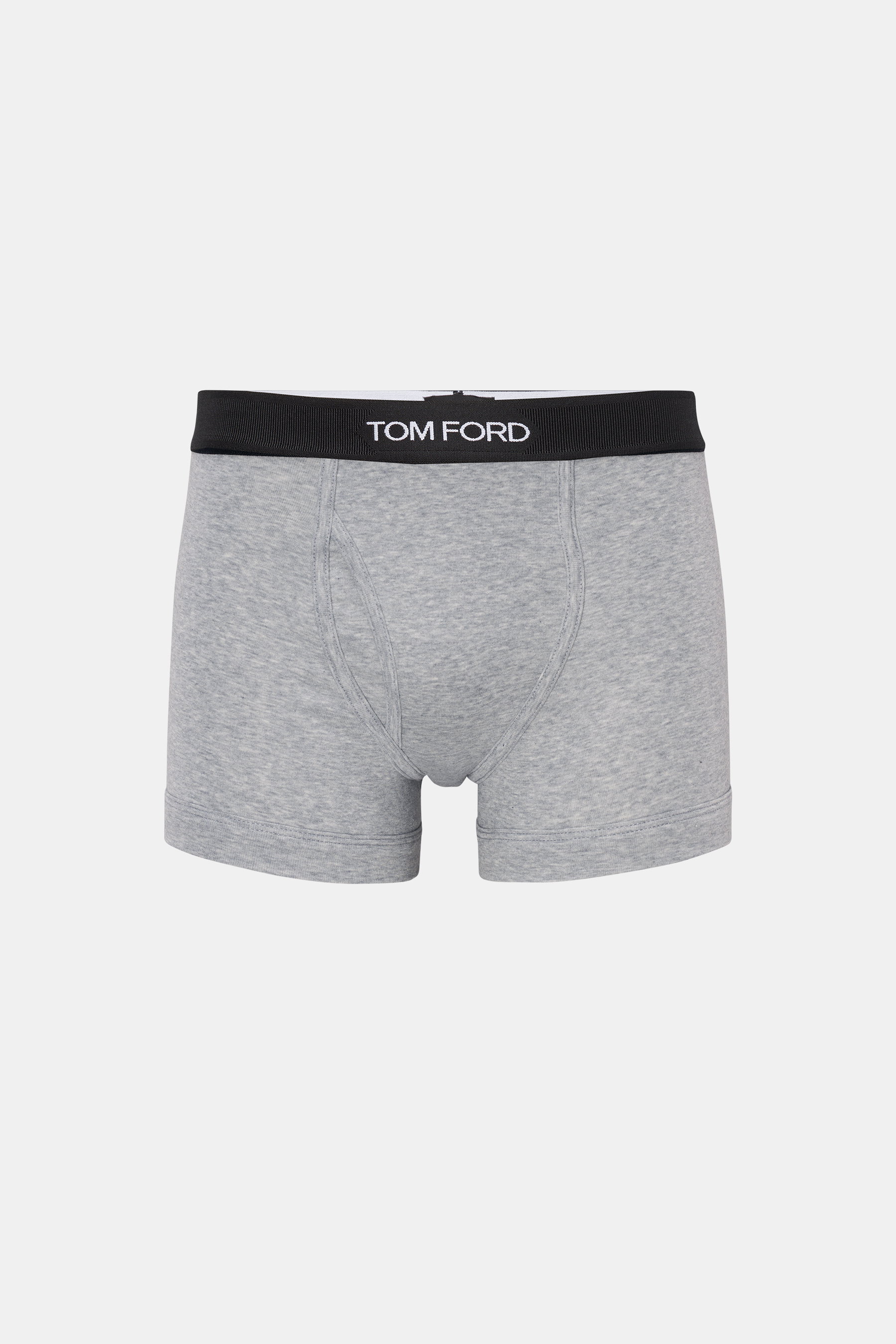 Tom Ford Boxershorts grau, sportlich und slim fit, elastische Baumwolle, weicher Griff, seitlicher Eingriff, schwarzer Bund mit TOM FORD-Stitching, frontale Perspektive.