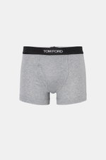 Tom Ford Boxershorts grau, sportlich und slim fit, elastische Baumwolle, weicher Griff, seitlicher Eingriff, schwarzer Bund mit TOM FORD-Stitching, frontale Perspektive.