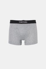Tom Ford Boxershorts grau, sportlich und slim fit, elastische Baumwolle, weicher Griff, seitlicher Eingriff, schwarzer Bund mit TOM FORD-Stitching, frontale Perspektive.
