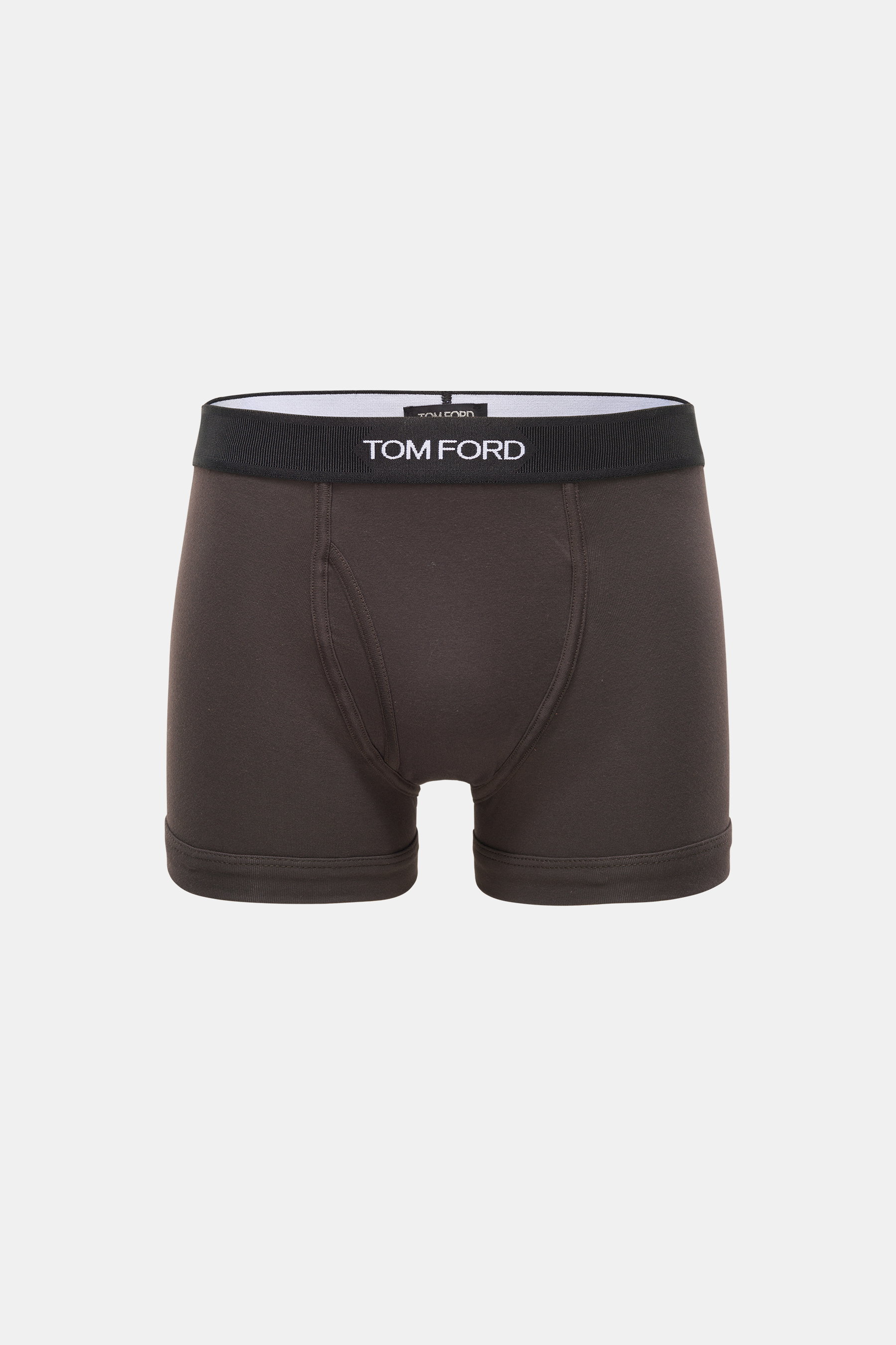 Tom Ford Boxershorts dunkelbraun, sportlich und schlicht, Slim Fit, elastischer Bund mit TOM FORD-Stitching, seitlicher Eingriff, frontal fotografiert.