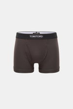 Tom Ford Boxershorts dunkelbraun, sportlich und schlicht, Slim Fit, elastischer Bund mit TOM FORD-Stitching, seitlicher Eingriff, frontal fotografiert.