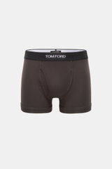 Tom Ford Boxershorts dunkelbraun, sportlich und schlicht, Slim Fit, elastischer Bund mit TOM FORD-Stitching, seitlicher Eingriff, frontal fotografiert.
