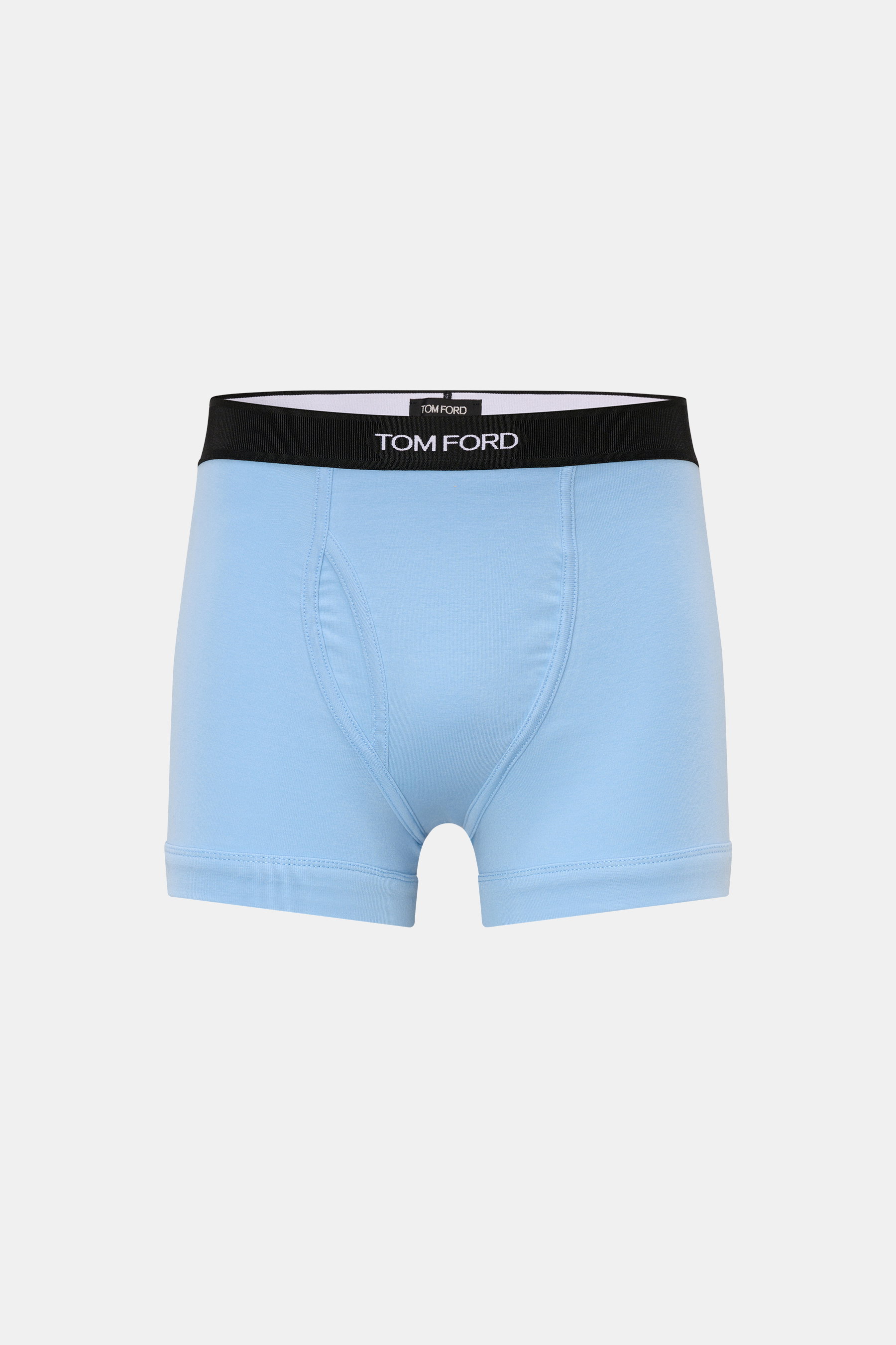 Tom Ford Boxershorts hellblau aus elastischer Baumwolle, Slim Fit, mit weichem Griff, seitlichem Eingriff, elastischem Bund und TOM FORD-Stitching, frontal fotografiert.