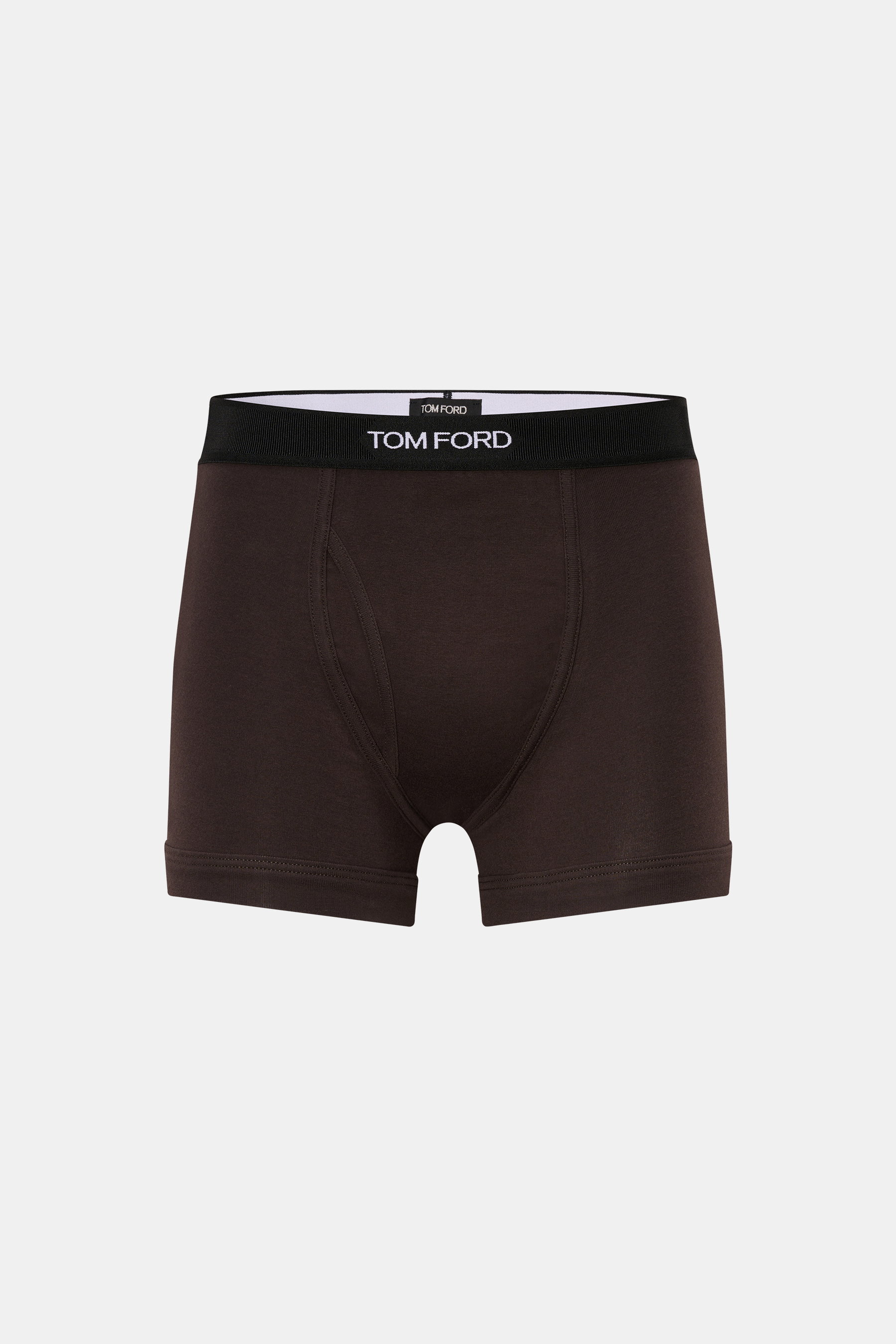 Tom Ford Boxershorts dunkelbraun, sportlich, slim fit, elastische Baumwolle, weicher Griff, seitlicher Eingriff, elastischer Bund mit TOM FORD-Stitching, Frontalansicht.