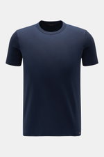 Front view of Tom Ford Rundhals-Unterhemd navy, a navy blue t-shirt with Rundhalsausschnitt, Extra Slim Fit, jersey aus Baumwolle, komfortabler Stretch-Anteil, weicher, leichter Griff, and kleines Label-Patch am Saum.