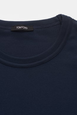 Close-up front view of Tom Ford Rundhals-Unterhemd navy, featuring jersey aus Baumwolle, komfortabler Stretch-Anteil, weicher, leichter Griff, Extra Slim Fit, Rundhalsausschnitt, kleines Label-Patch am Saum.
