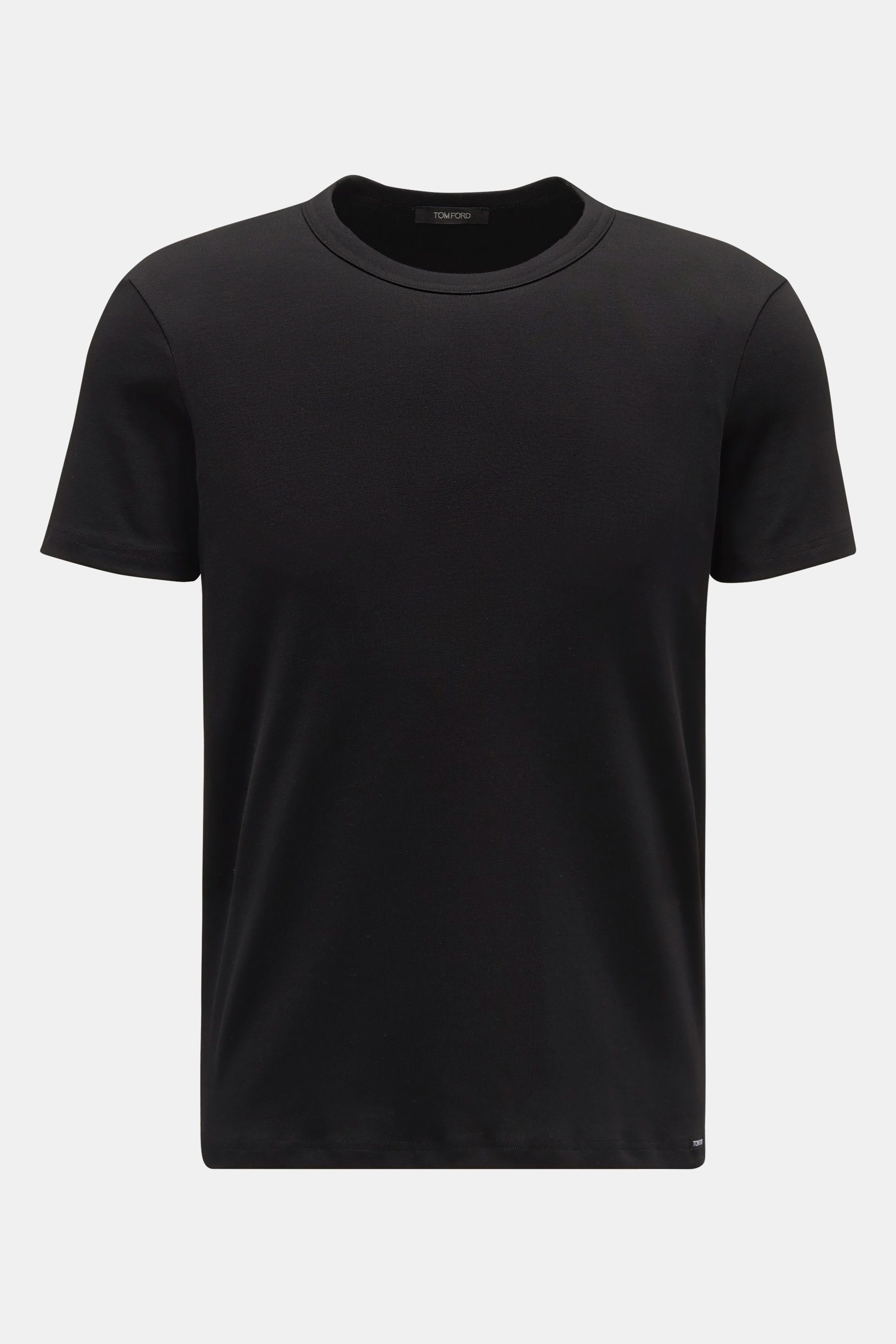 Tom Ford Rundhals-Unterhemd schwarz, Slim Fit, elastische Baumwolle, softer Griff, Rundhalsausschnitt, kleines Weblabel am Saum, frontale Aufnahme.